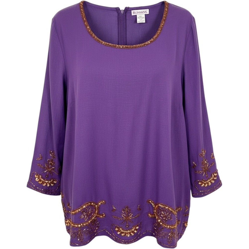 Roamans Special Occasion Purple Beaded Sequin Blouse Plus Size 28W 3/4 Sleeve